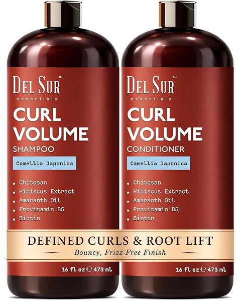 DEL SUR CURLY HAIR SHAMPOO AND CONDITIONER SET | CURL DEFINING, VOLUME & HYDRATION | 16 FL OZ EACH | WITH CAMELLIA JAPONICA, HIBISCUS & AMARANTH OIL | FOR CURLY, WAVY & COILY HAIR | WOMEN & MEN