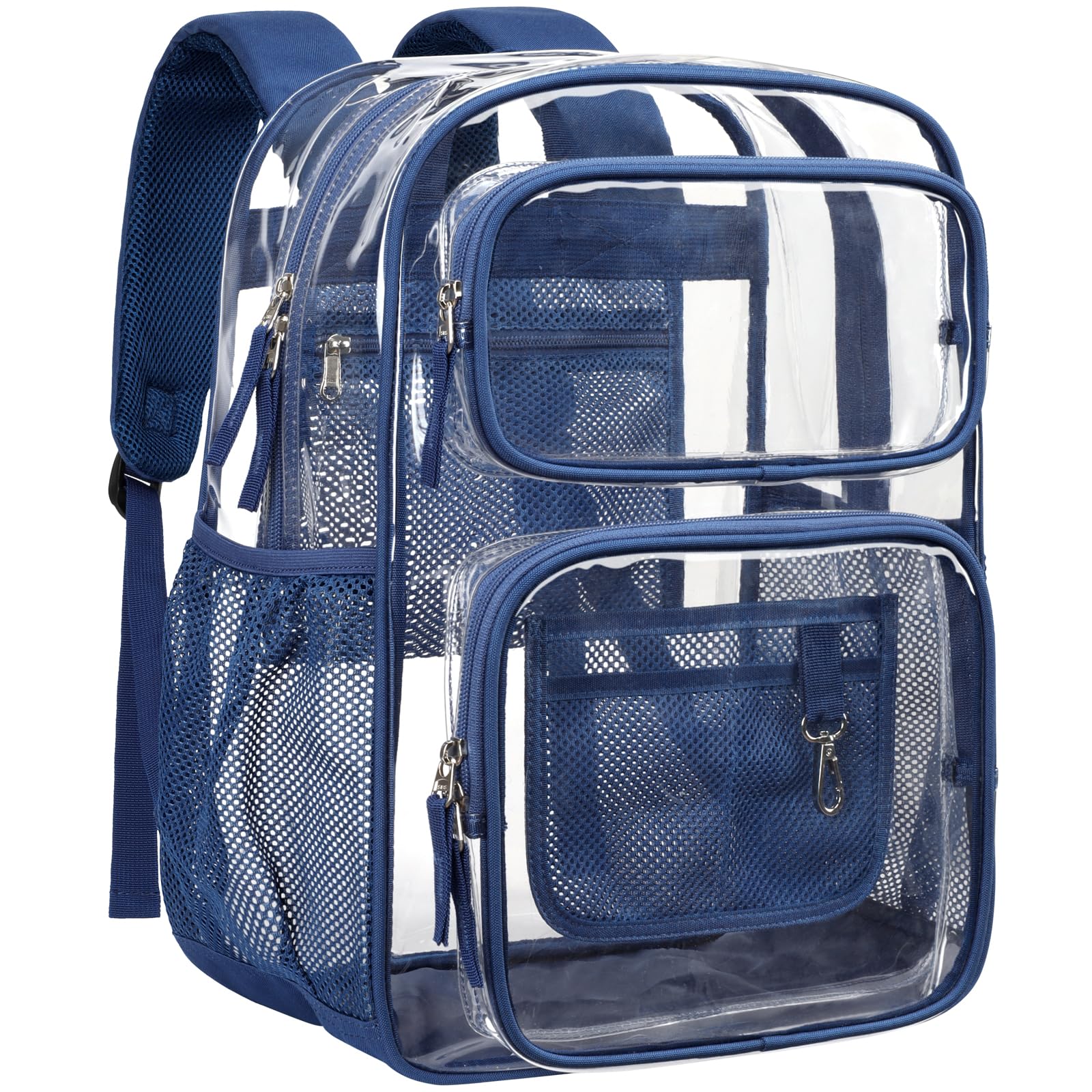 Photo 1 of PACKISM Clear Backpack for School - 17 inch Large Heavy Duty Clear Bookbag, See Through PVC Transparent Backpacks with 2 Front Pockets for College Work, Navy Blue (for age 12 above)