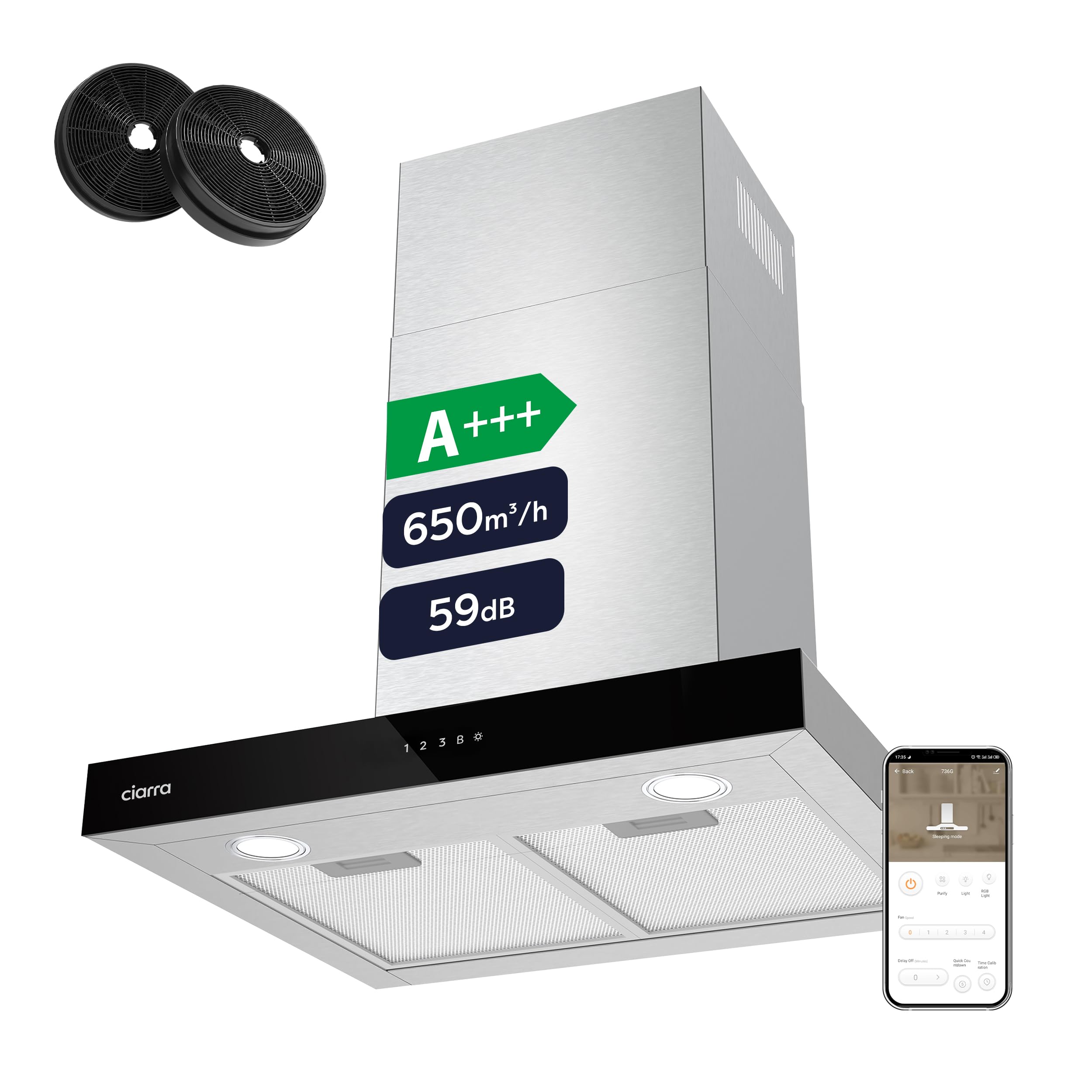 CIARRA CBCS6102 Cooker Hood 60cm WIFI APP Touch Control 650m³/h Recirculating&Ducting Wall Mount Hood Kitchen Extractor Fan 4-Speed with Booster Function Dimmable LED Lights CBCF003 Carbon Filters
