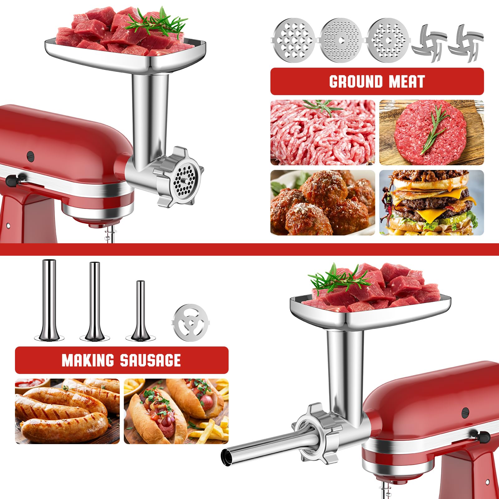 Meat Grinder & Stainless Steel Slicer Shredder Attachment for KitchenAid Stand Mixer, Meat Grinder for Kitchenaid Mixer with Sausage Stuffer Tubes, Cheese Grater Attachment for Kitchenaid Stand Mixer