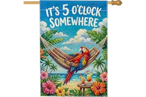 Parrot House Flag, Tropical Colorful Hammock Palm Leaves Summer Blue Burlap Double Sided Decorative Outside Porch Flags for O