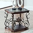 SSLine Traditional Solid Wood End Table Curved Square Bedside Nightstand with Tempered Glass Top & Mid-Marble Shelf 3-Tier Elegant Vintage Chairside Tables for Living Room Bedroom,Dark Brown