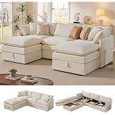 Ihanherry 103&rdquo; Modular Sectional Sofa with Storage, U Shaped Cloud Couch with Movable Ottomans &amp; 4 Pillows, Chenille Deep Seat Sectional Couches for Living Room, Apartment (Beige)