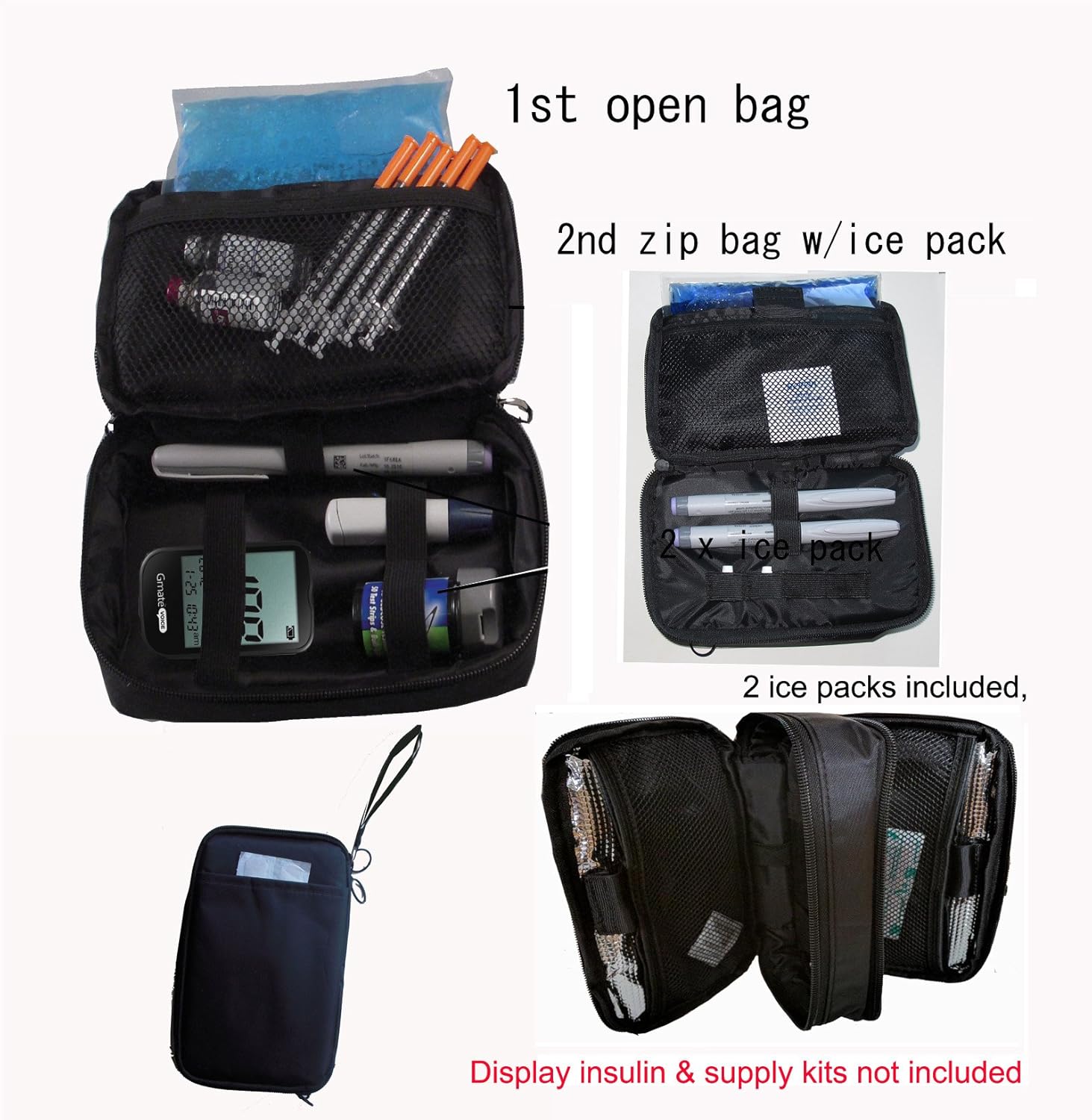 Double Bag Diabetic Travel Organizer Cooler Bag-for Insulin,Supply Kits,W2x/ice Pack Included - (Black): Health & Personal Care