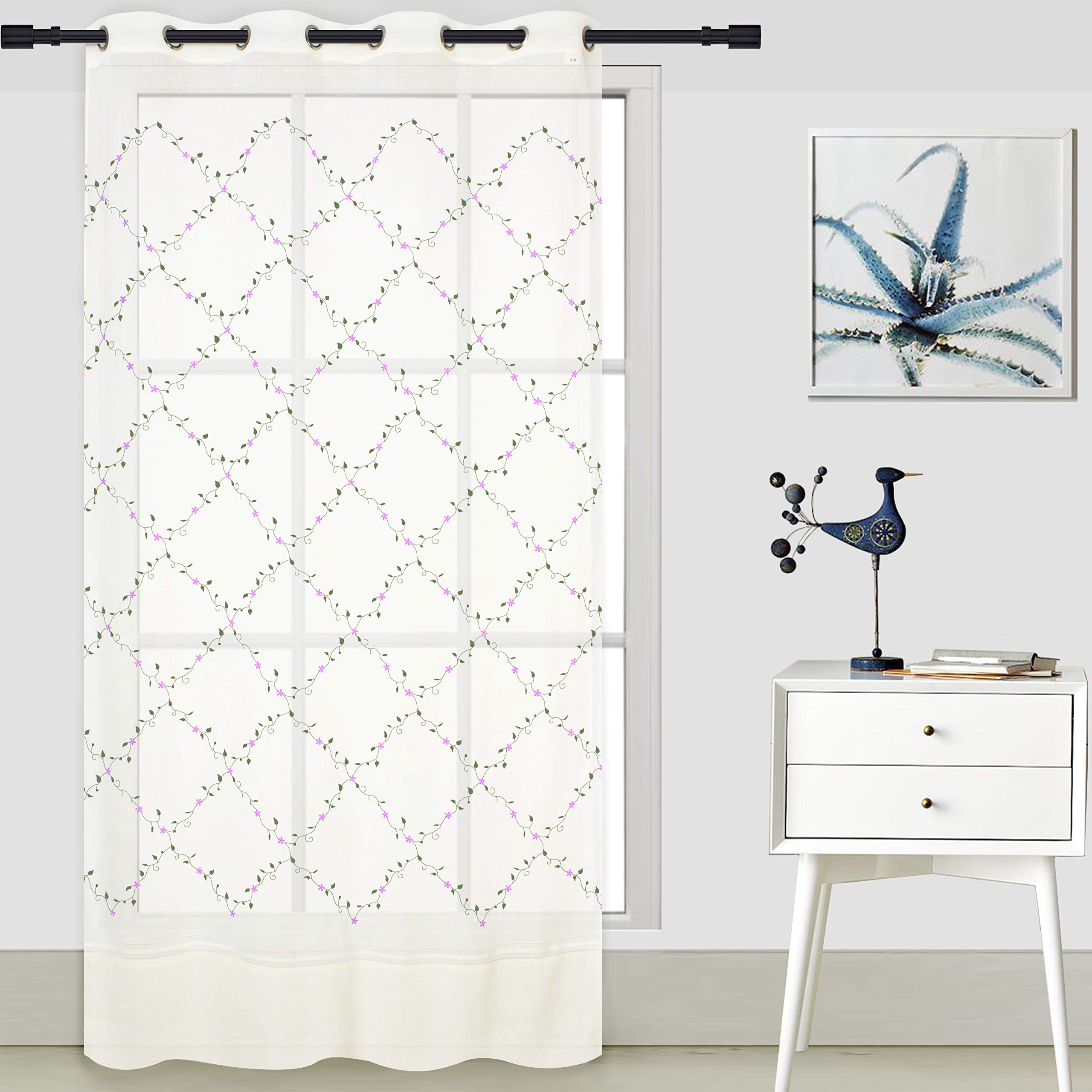 ForenTex N-0582 Embroidered Floral Decorative Curtains for Windows/Doors Polyester, Lavanta 145 x 260 cm