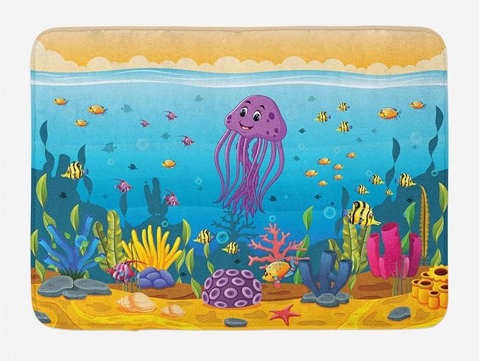 Alfombra de baño de Calamar, Ocean Life Design School Fish y Coral Navy