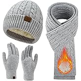 Womens Winter Beanie Hat Scarf Gloves Set, Knit Touch Screen Gloves Long Scarf Skull Caps Fleece Lined Winter Gift