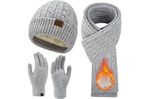MA COWCF Womens Winter Beanie Hat Scarf Gloves Set, Knit Touch Screen Gloves Long Scarf Skull Caps Fleece Lined Winter Gift