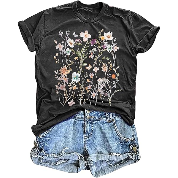 Women's Vintage Floral T Shirt Boho Wildflower Graphic Loose Tees
