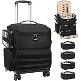 Relavel Rolling Makeup Train Case, Cosmetology Case on Wheels with 4 Clear Bags, Professional Makeup Artist Set Bags Cosmetic Storage Organizer with Adjustable Dividers, 360° Spinner Wheels, Black