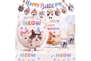 Atonofun Cat Party Plates, Cat Plates and Napkins Party Supplies, Disposable Plates, Cups, Napkins, Cutlery and Tablecloth for Cat Themed Birthday Party Decorations Serves 24, White