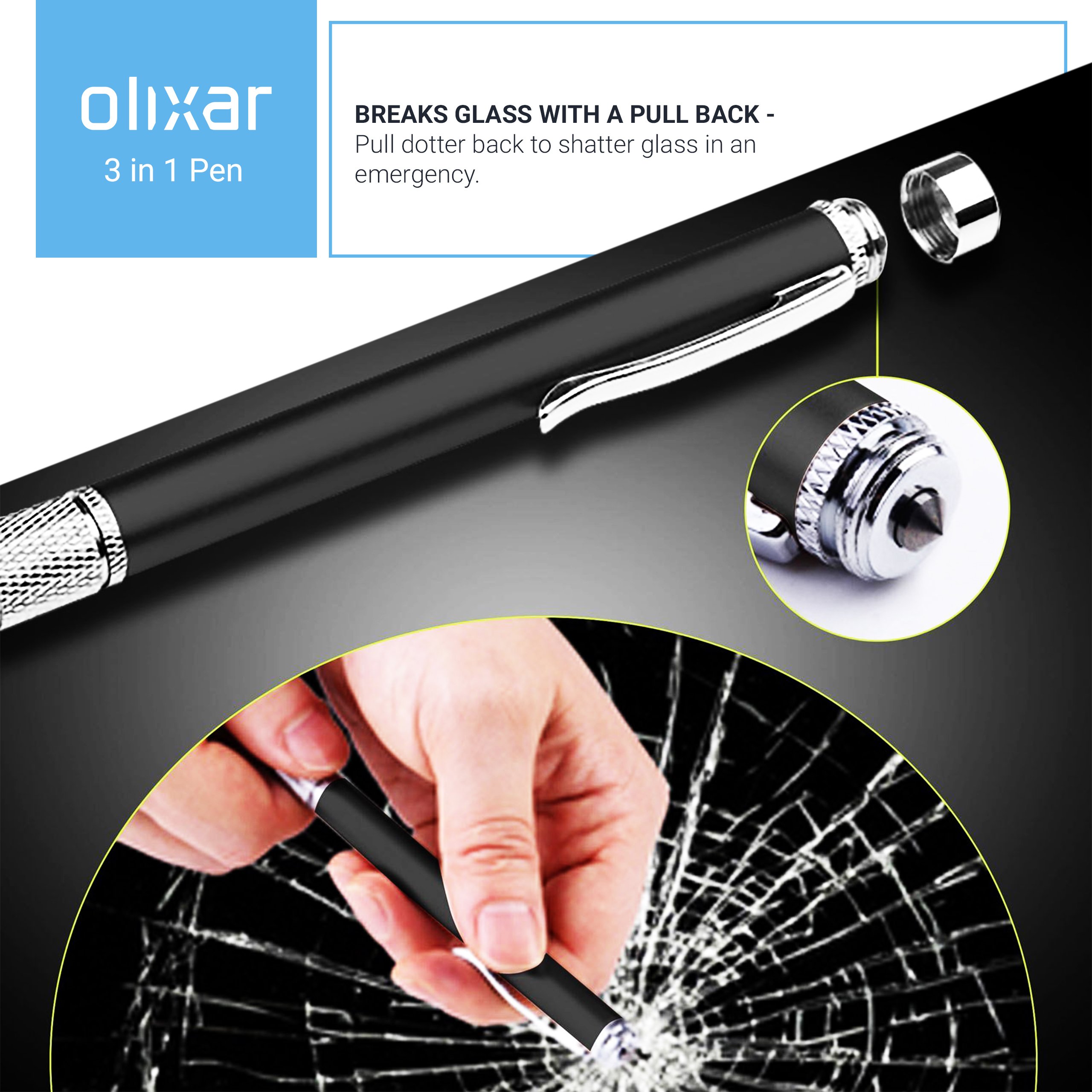 Olixar Glass Breaking Pen 3 In 1 Stylus/Tactical Pen Glass Breaker