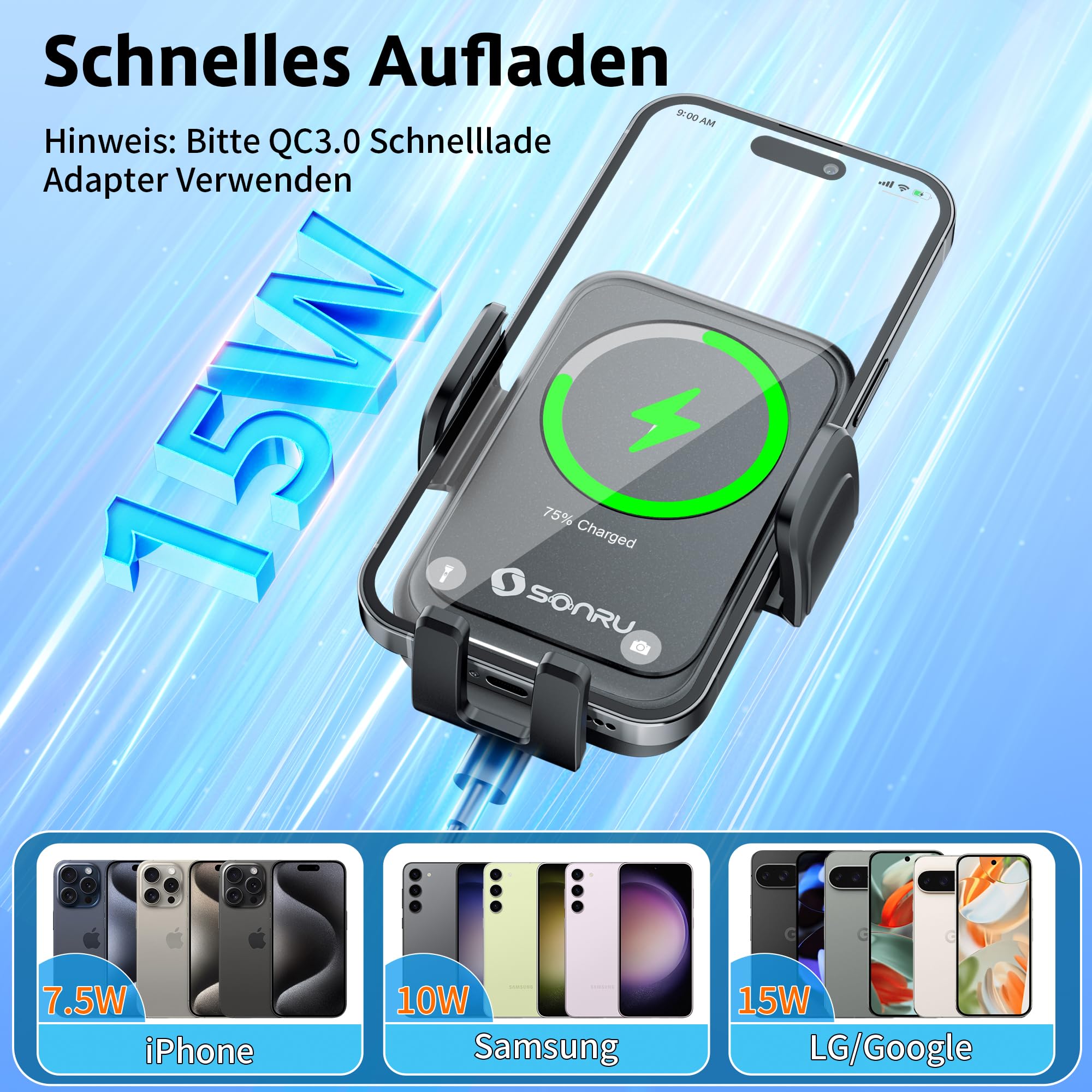 SONRU Handyhalterung Auto mit Ladefunktion,15W Kfz Handyladestationen Handy Halterung Auto Induktives Laden,Handyhalterung Auto Lüftung Saugnapf für Samsung iPhone LG Google Pixel 2