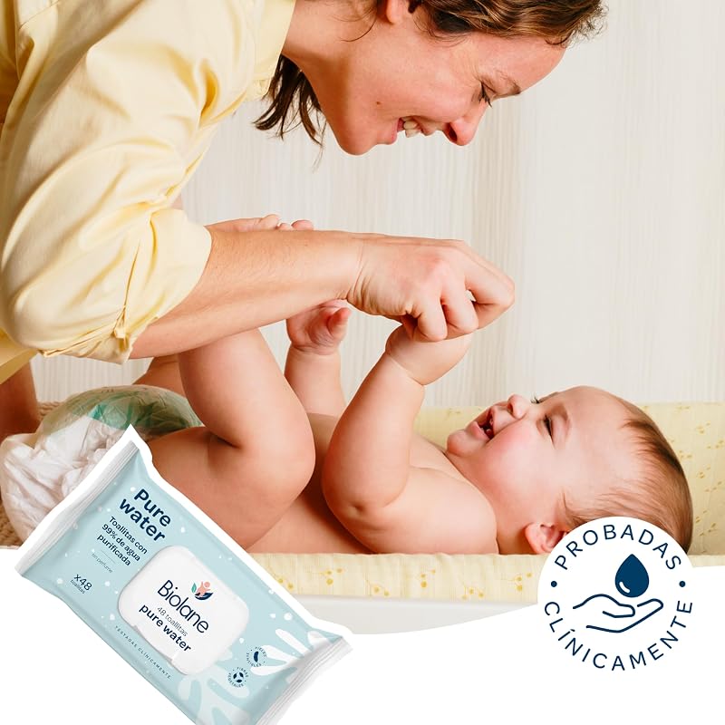 Biolane - Toalhitas para bebés com água pura, 384 toalhitas (8 embalagens de 48 unidades), 99% água purificada, apenas 4 ingredientes, sem fragrância, pele sensível, recém-nascida, 100% fibras vegetais, sem plástico