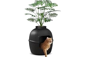 KEYGARZONE Hidden Litter Box with Faux Plant, Large Cat Litter Box with Rattan Pattern, Heavy Duty PP Material Litter Box Enclosure Furniture for Home Decor, Black