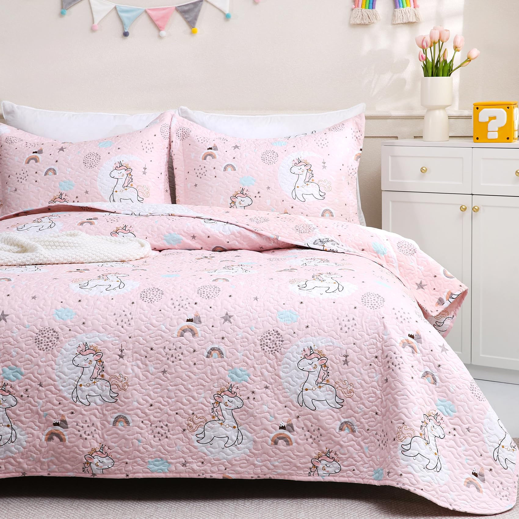 Photo 1 of JSD Pink Unicorn Kids Quilt Set Full/Queen, Girls Printed Bedspread Coverlet with Pillow Shams, Soft Lightweight Summer Quilted Blanket