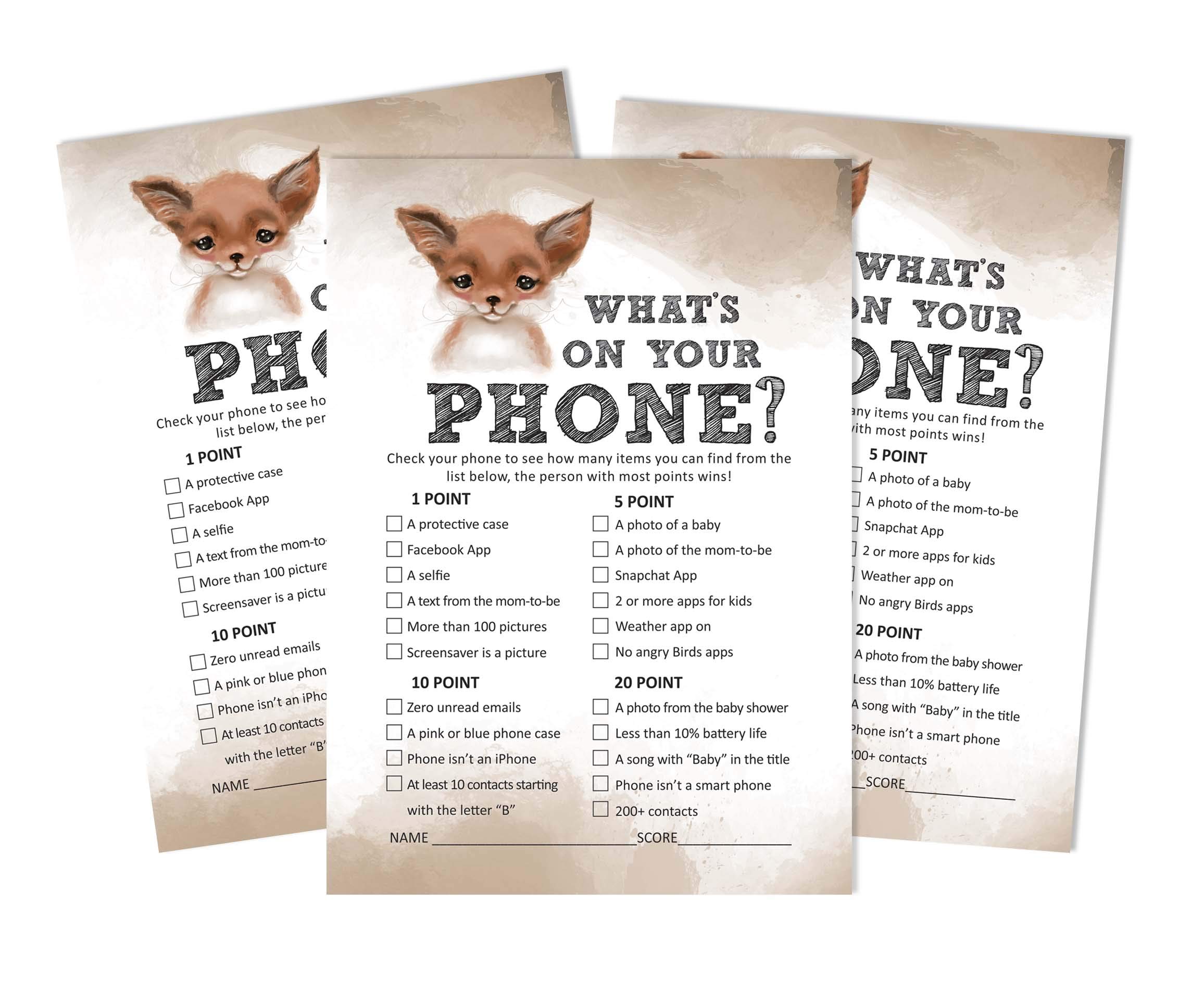 Inkdotpot 50 What's In Your Phone Baby Shower Game Cards Fox Jungle Animals Activity Cards Party Idea Baby Shower Party Supply