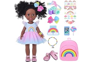 BDDOLL 14.5 Inch Black Dolls with Black Baby Doll Clothes and Accessories Including Backpacks, Shoes, Cameras, Cell Phones, Lollipops, Bracelets, Hair Clips, Notebooks, Stickers