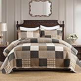 FineStichery Plaid King Quilt Set - 100% Cotton Quilts, King Quilt Bedding Set, Farmhouse Patchwork Quilt, Lightweight Bedspread Coverlet for All Seasons, Brown, 3 Piece, 98"x106"