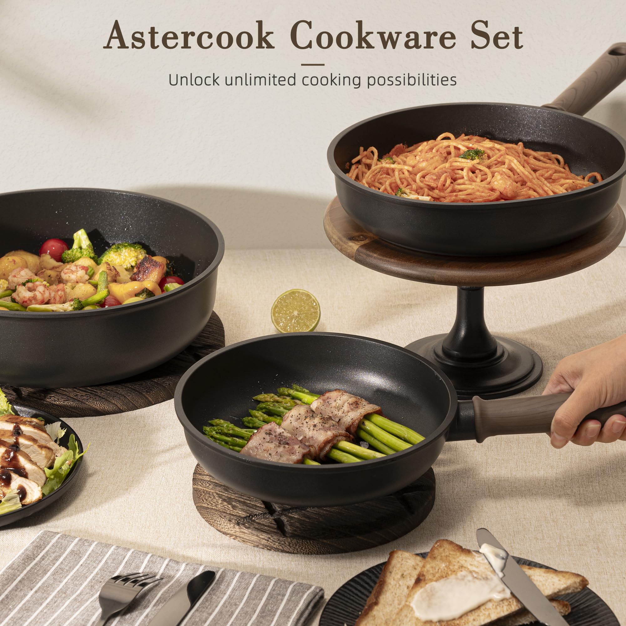 Astercook Non Stick Pots and Pans Set, Healthy Non-Toxic Titanium Induction Kitchen Cookware Sets for Cooking with Frying Pans, PFAS/PTFE/PFOA & PFOS Free, Black, 19 Pcs