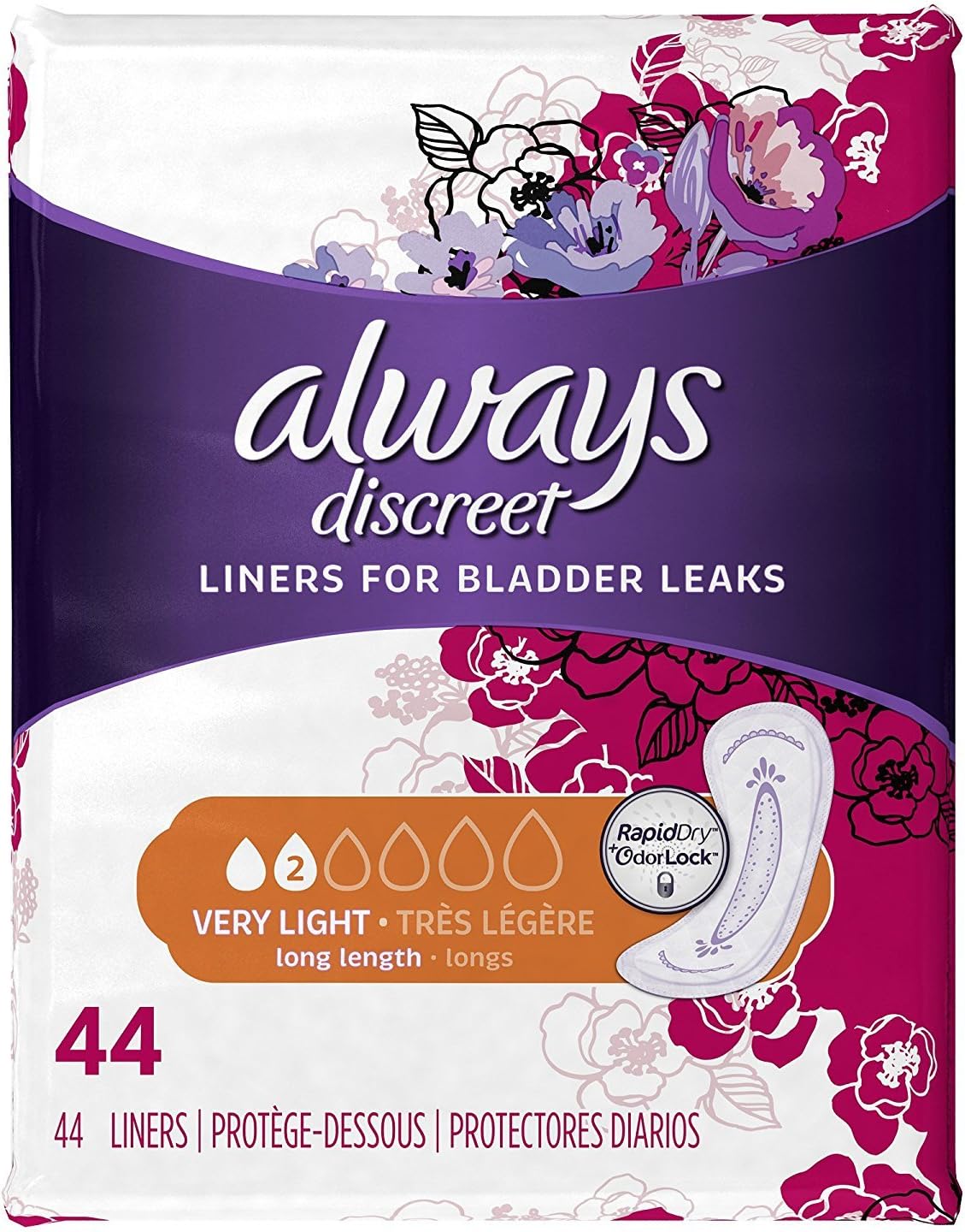 Always Discreet Incontinence and Postpartum Liners, Very Light Absorbency, Long Length, 132 Count, Packaging may vary: Health & Personal Care