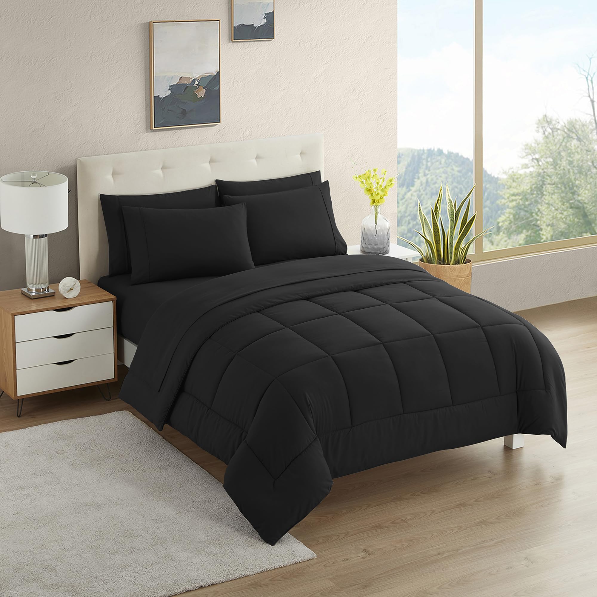California King Comforter Set - Soft & Breathable 7-Piece Bedding Collection - 1 Comforter, 1 Fitted Sheet, 1 Flat, 4 Pillowcases - Deep Pocket - Premium Quality - Ideal for All Seasons, Black