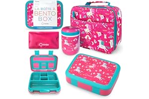 KINSHO Bento Box with Lunch Bag, Insulated Stainless Steel Thermo for Hot-Cold Food or Soup, Ice Pack Set for Kids Girls Toddlers Snacks for Daycare, Ages 3 to 7, Pink Unicorn