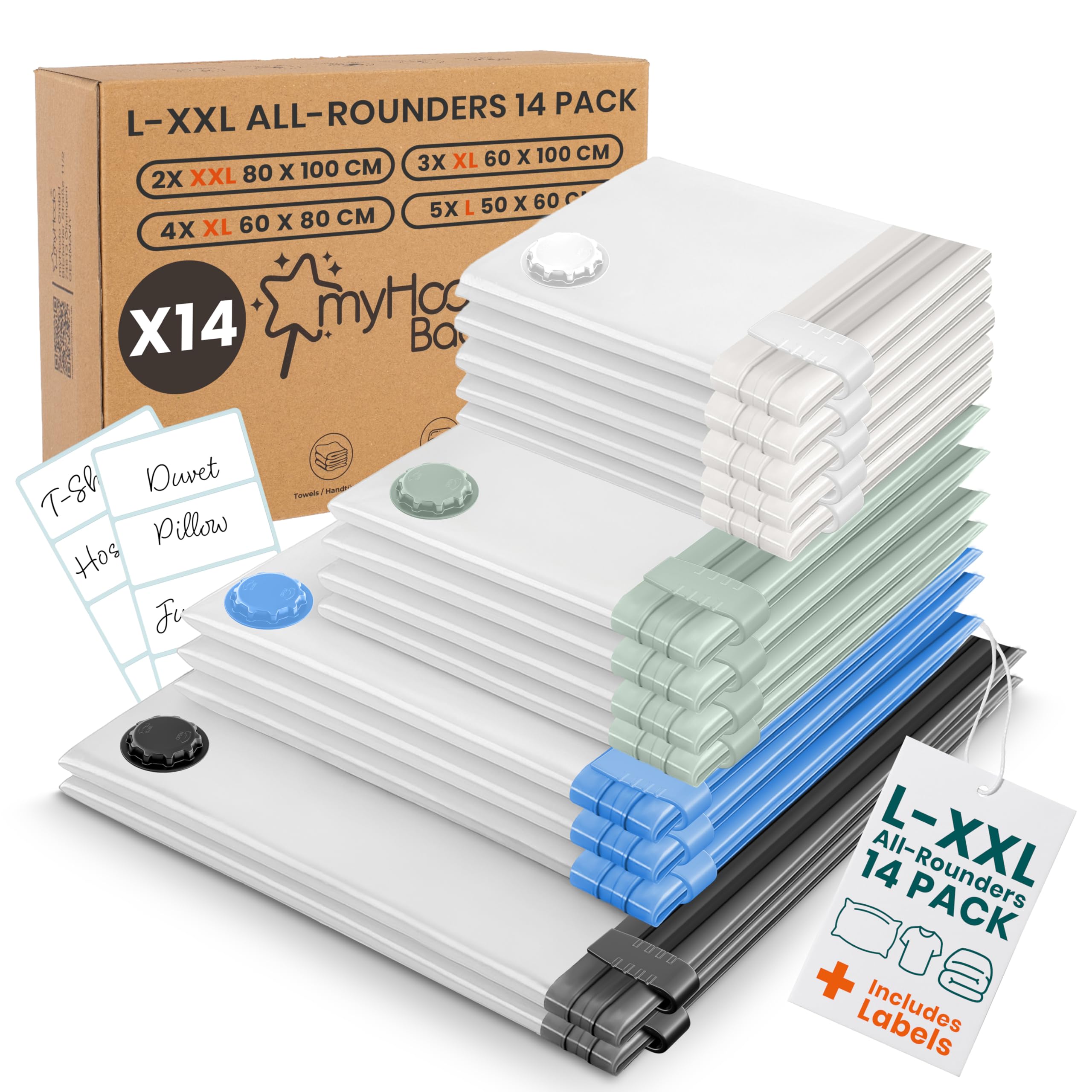 myHodo Vacuum Storage Bags 14-Pack (Mixed Bag Sizes, L-XXL) – Versatile Space Saver Bags for Clothes, Duvets & Bedding, Durable Double Zip Seal, Easy-to-Use, Smart Compression Solution for Textiles