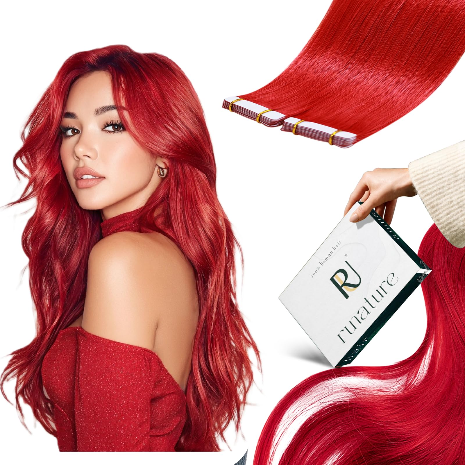 RUNATURE 16 Inch Tape in Hair Extensions Human Hair Red Tape Hair Extensions Real Human Hair Invisible Tapes Real Hair 25 Gram — image 1