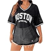 Verdusa Women's Plus Size Oversized Graphic T Shirts V Neck Half Sleeve Letter Print Mesh Tee Tops
