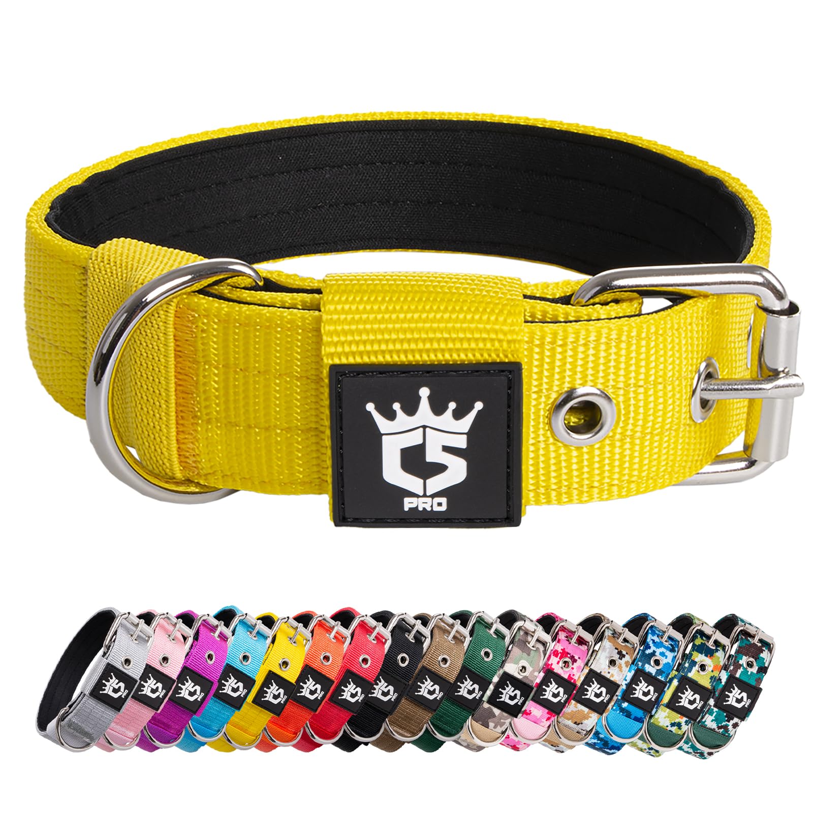TSPRO Heavy Duty Tactical Dog Collar 1.25" Wide, Padded Dog Collar with Metal Buckle, Adjustable for Walking Training Outdoor for Small Dogs (Yellow, S)