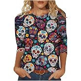 Día De Los Muertos Shirts for Women Day of Dead Sugar Skull T-Shirt | Skull Skeleton Print 3/4 Sleeve Tops,Funny Graphic Crewneck Tunic Blouse,Spooky Season Tee Halloween Costumes