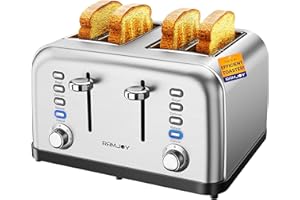 RAMJOY Toaster 4 Slice, Dual Independent Controls, Extra Wide Slot Toasters for Bagel, Bread, Waffles, 7 Shade Settings, 4 Main Functions, Removable Crumb Tray, 1500 Watts, Brushed Stainless Steel