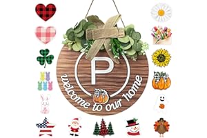 YUNKKIN Initial Interchangeable Seasonal Welcome Sign for Front Door Last Name Letter P Front Door Wreath Rustic Home Decor with 15 Changeable Icons for All Seasons Holiday Fall Halloween Christmas Decor