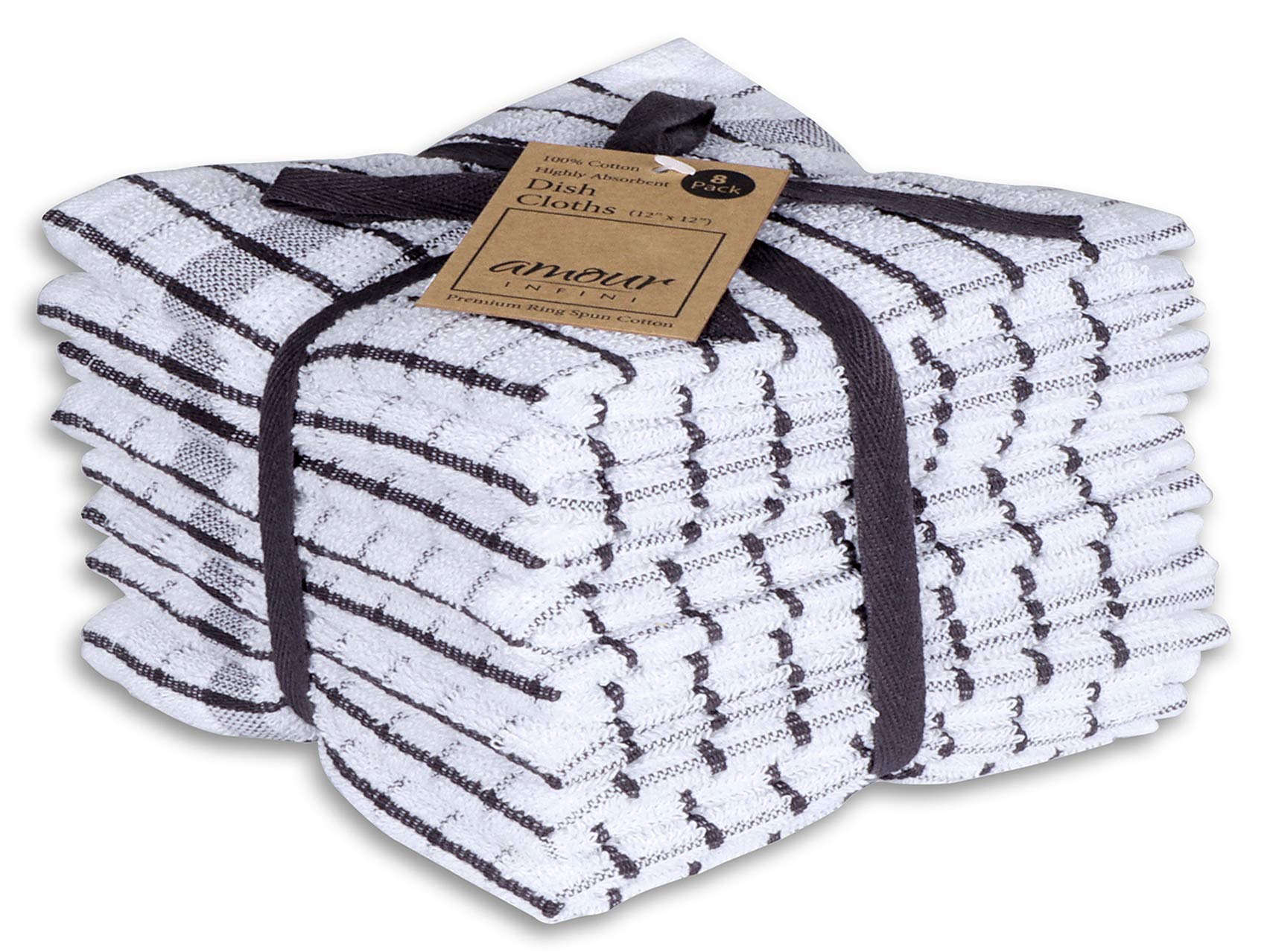 AMOUR INFINI Grid Terry Dish Cloth | Set of 8 | 30 x 30 cm | Low Lint, Super Soft and Absorbent |100% Cotton Dish Rags | Perfect for Household and Commercial Uses | Charcoal