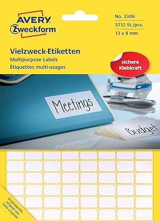 Avery Zweckform 3306 Haushaltsetiketten selbstklebend (13 x 8 mm, 3.712 Aufkleber auf 29 Bogen, Vielzweck-Etiketten für Haush