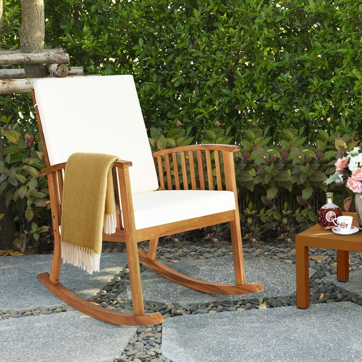 Tangkula Outdoor Acacia Wood Rocking Chair, Wooden Rocker w/Detachable Washable Cushions, Rocker for Porch Garden Patio Balcony Pool Indoor (1, Teak) : Garden & Outdoor