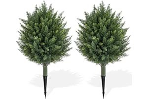 UNADRA 23.6'' Artificial Cedar Topiary Ball Tree with Ground Spike, Set of 2 Artificial Bushes UV Resistant Artificial Cypress Shurbs Fake Evergreen for Outdoor-Fake Bushes Home Front Porch Office Decor