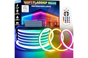 KANAYA 100ft RGB Led Neon Rope Lights ETL Listed, 110-120V Waterproof Color Changing Lighting Strip Remote Control, for Residential Commercial Outdoor Indoor Decor
