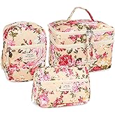 Anfly Makeup Bag, Quilted Cosmetic Bags, Large Floral Make Up Bag for Women, Cute Cotton Makeup Bag 3PC Set, Travel Toiletry Bag (Large Flowers)