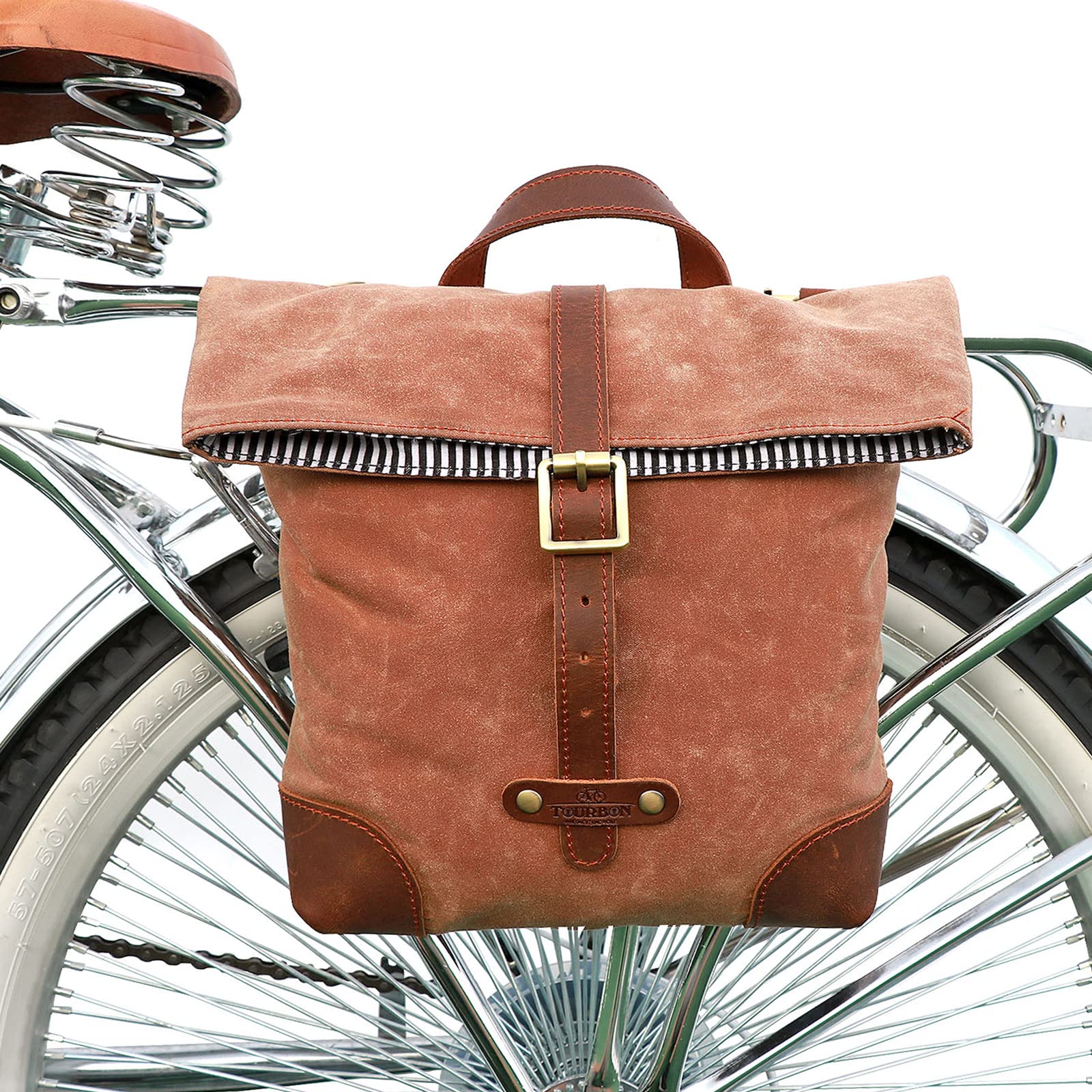 Tourbn TOURBON Wax Canvas Leather Bicycle Rear Seat Bag for Ladies Shoulder Messenger Handlebar Pannier, Brown, 27*7*24.5cm, T-TB1250CA