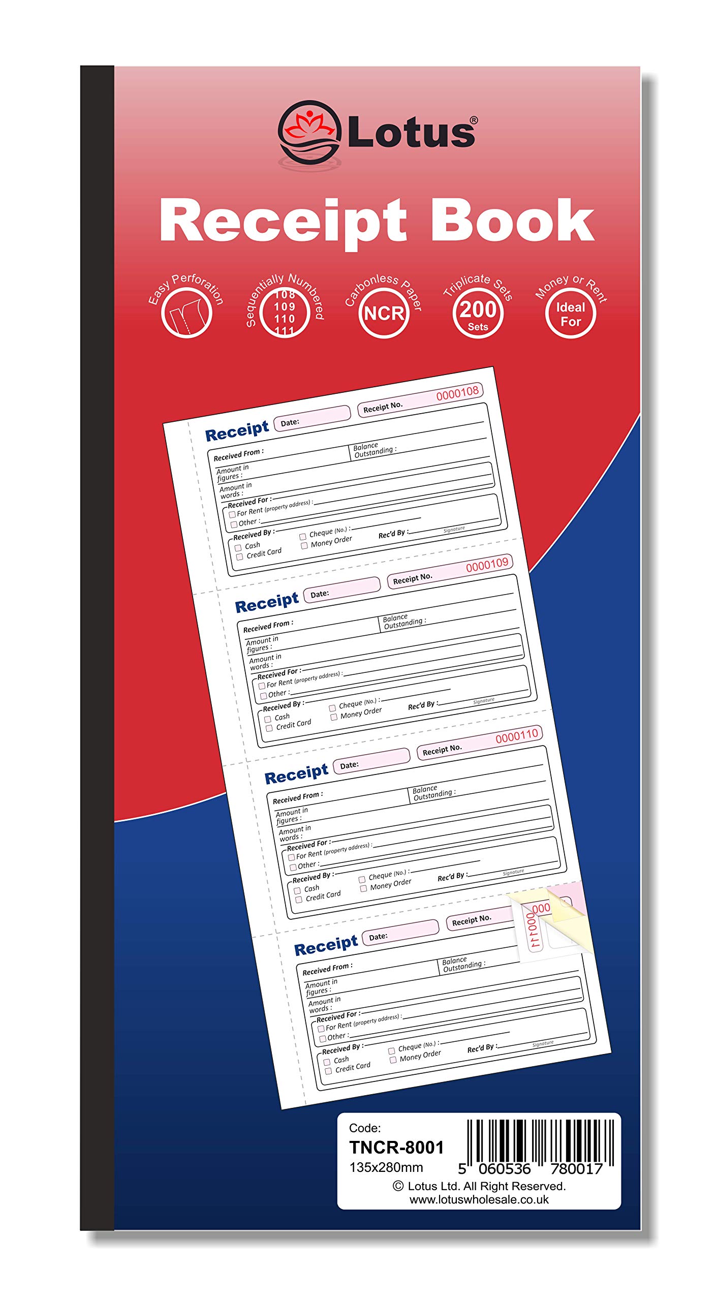 Triplicate Receipt Book NCR, 135 x 280mm Long Receipt Book Triplicate, 3-Parts Carbonless - TNCR-8001 (1 Book)