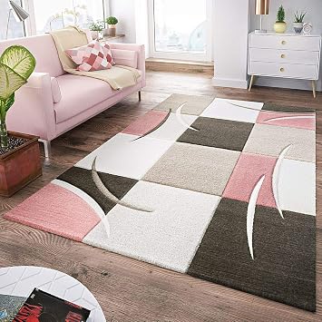 Tt Design Tapis Moderne Salon à Carreaux Tendance Pastel Rose Beige Gris Crème Dimension60x110 Cm