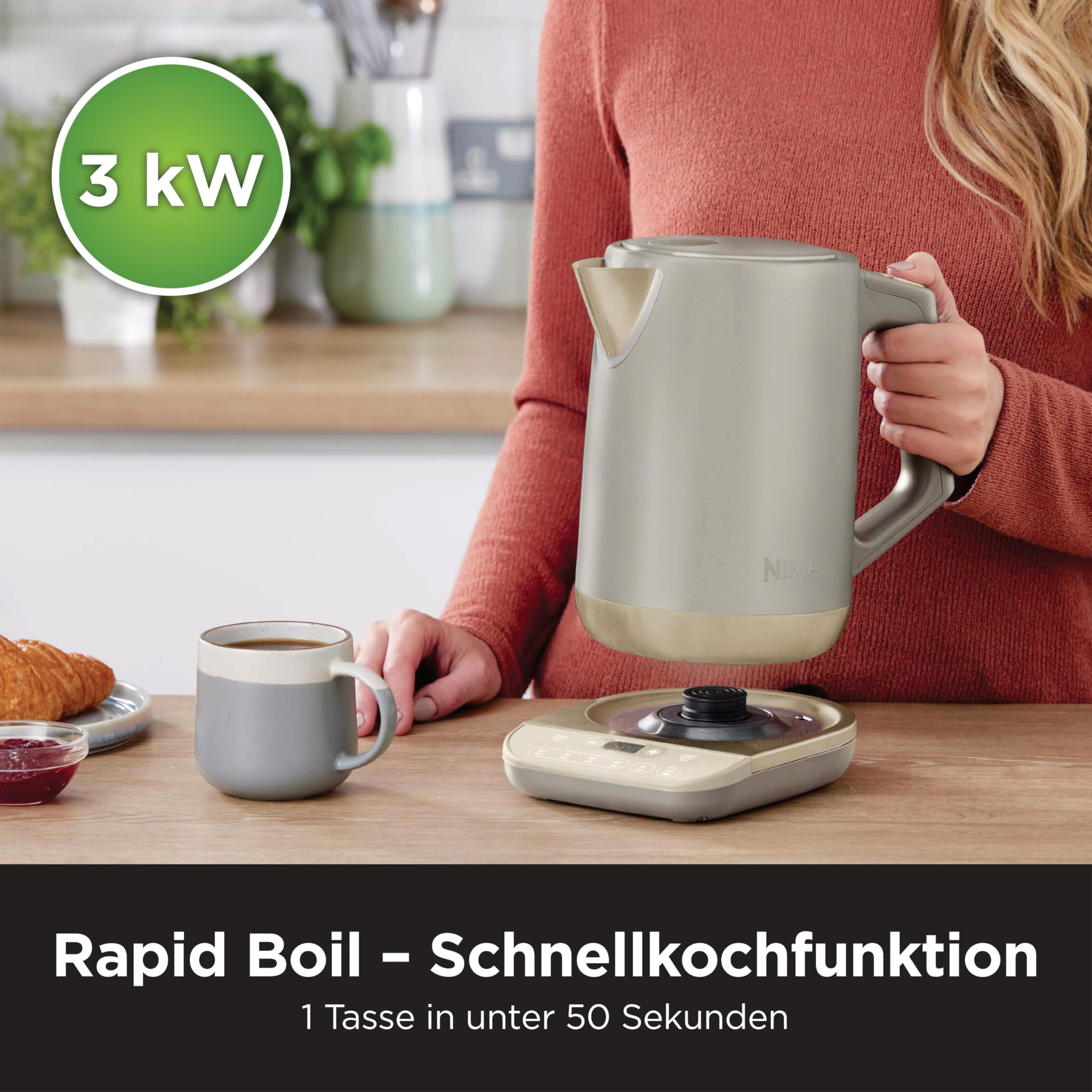 Ninja Perfect Temperature Wasserkocher, 1,7 l, Schnellkochfunktion, 6 Temperaturstufen, Warmhaltefunktion, Stonegold, KT201EUSTGD 3