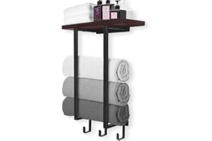 KUHOME Towel Rack for Bathroom Organizer Towel Holder with Wooden Shelf and 3 Hooks Wall Mounted Towel Hanger Storage for Rolled Towels RV Bathroom Accessories Metal Matte Black