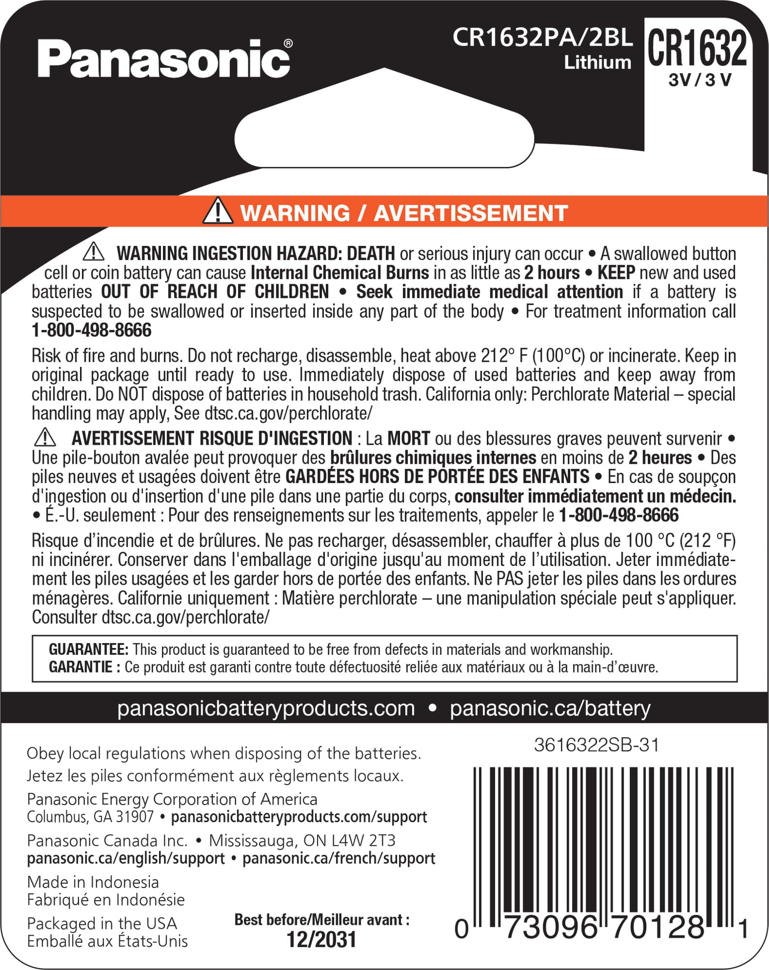 Panasonic CR1632 3.0 Volt Long Lasting Lithium Coin Cell Batteries in Child Resistant, Standards Based Packaging, 2-Battery Pack