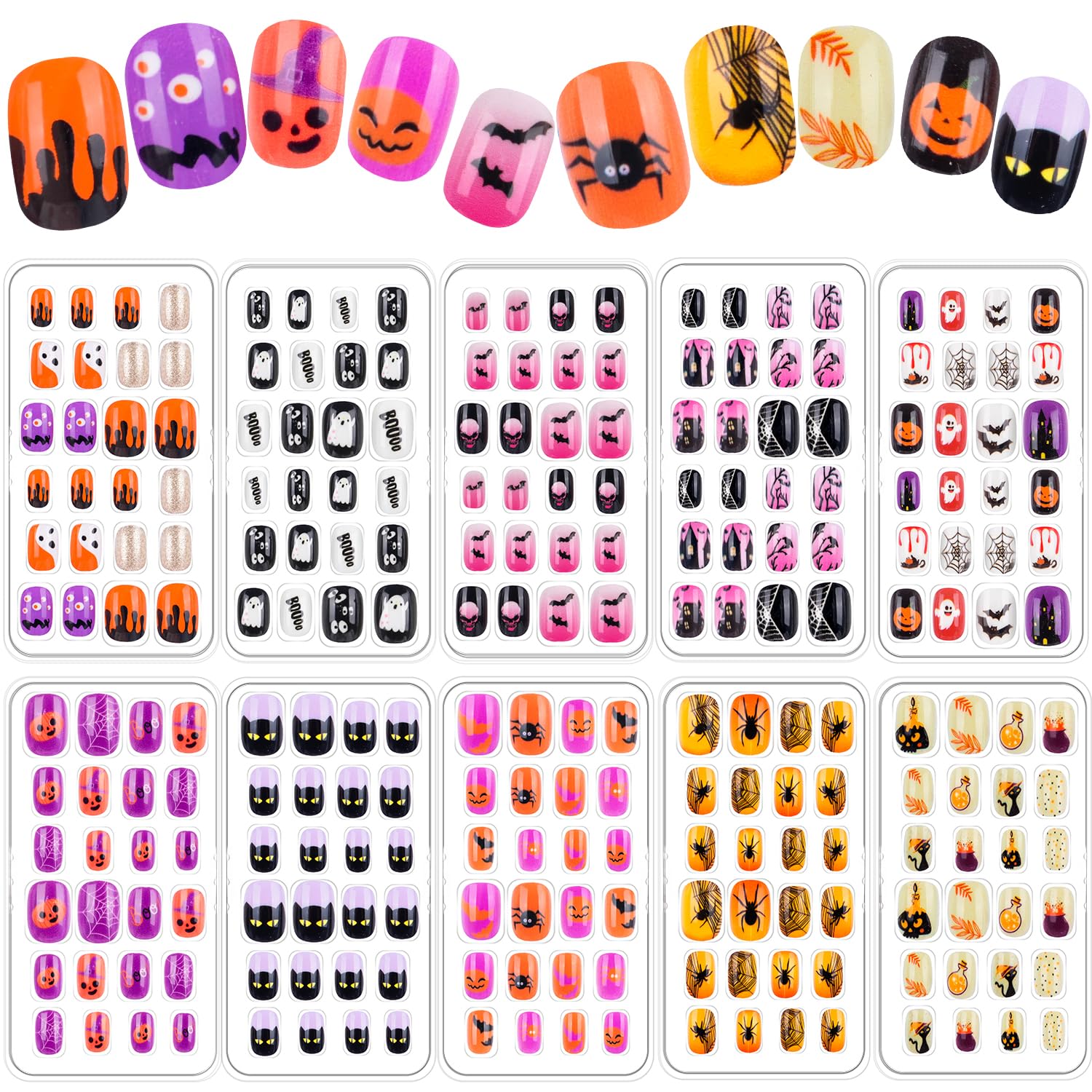 Photo 1 of 240 Pieces Fake Nails for Kids Girls Artificial Kids Press on Nails Full Cover Short Acrylic Stick On Nails False Nail Tips Kit for Children Little Girls Nail Art Decoration (Halloween)