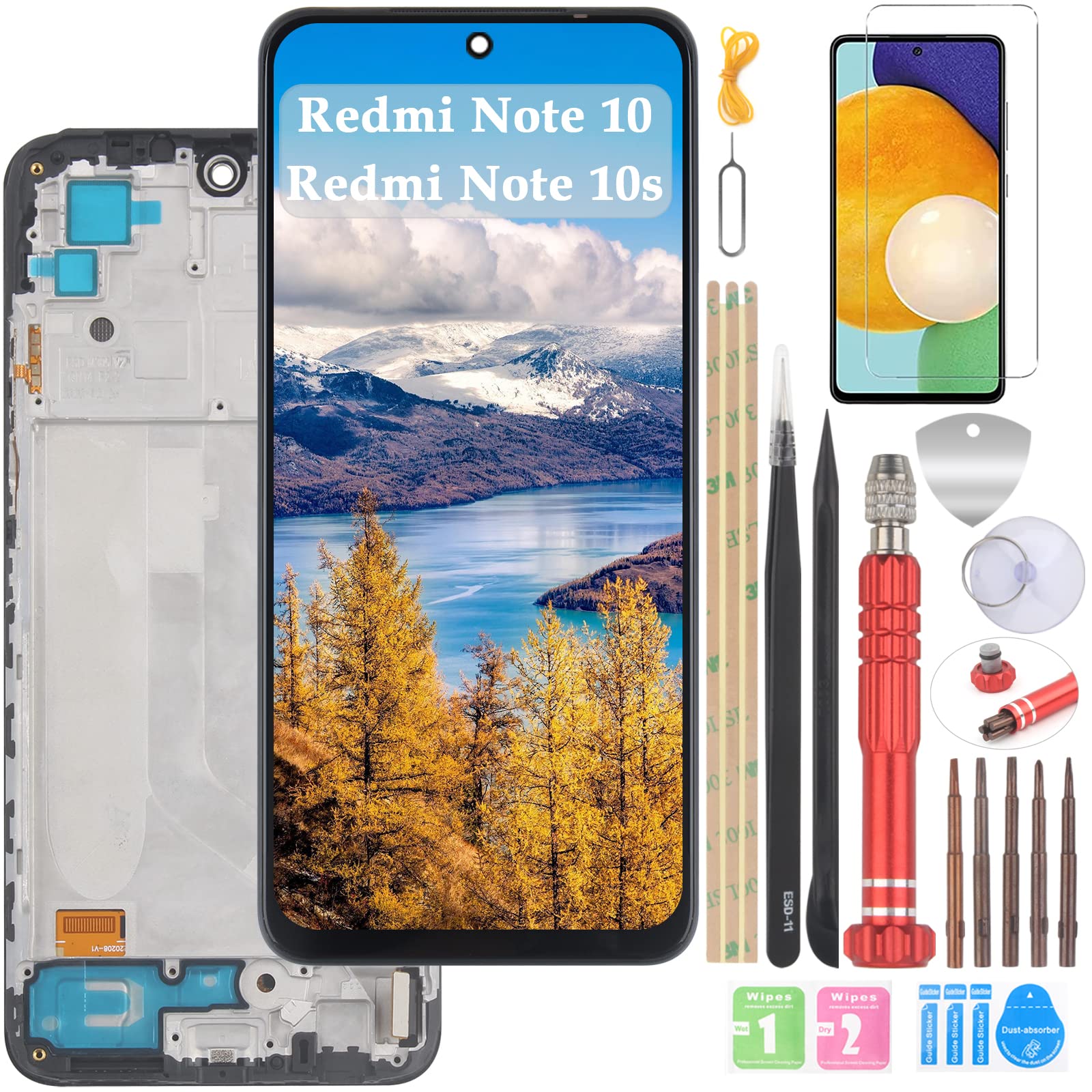 YHX-OU 6.43 Inch Black + Frame TFT Display for Xiaomi Redmi Note 10 Redmi Note 10s LCD Display Touch Screen Replacement Screen Glass Assembly with Tool + 1 x Screen Protector