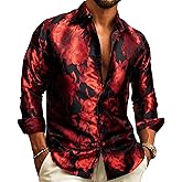 Barry.Wang Men's Silk Shirts Button Down Dress Shirt for Men Satin Paisley Floral Long Sleeve Cowboy Casual Mexico Shirts