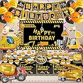 Construction Birthday Party Supplies, Dump Truck Party Decorations Include Happy Birthday Banner, Backdrop, Tableware Set, Tablecloth, Cake Toppers, Cupcake Toppers, Latex Balloons, Foil balloons
